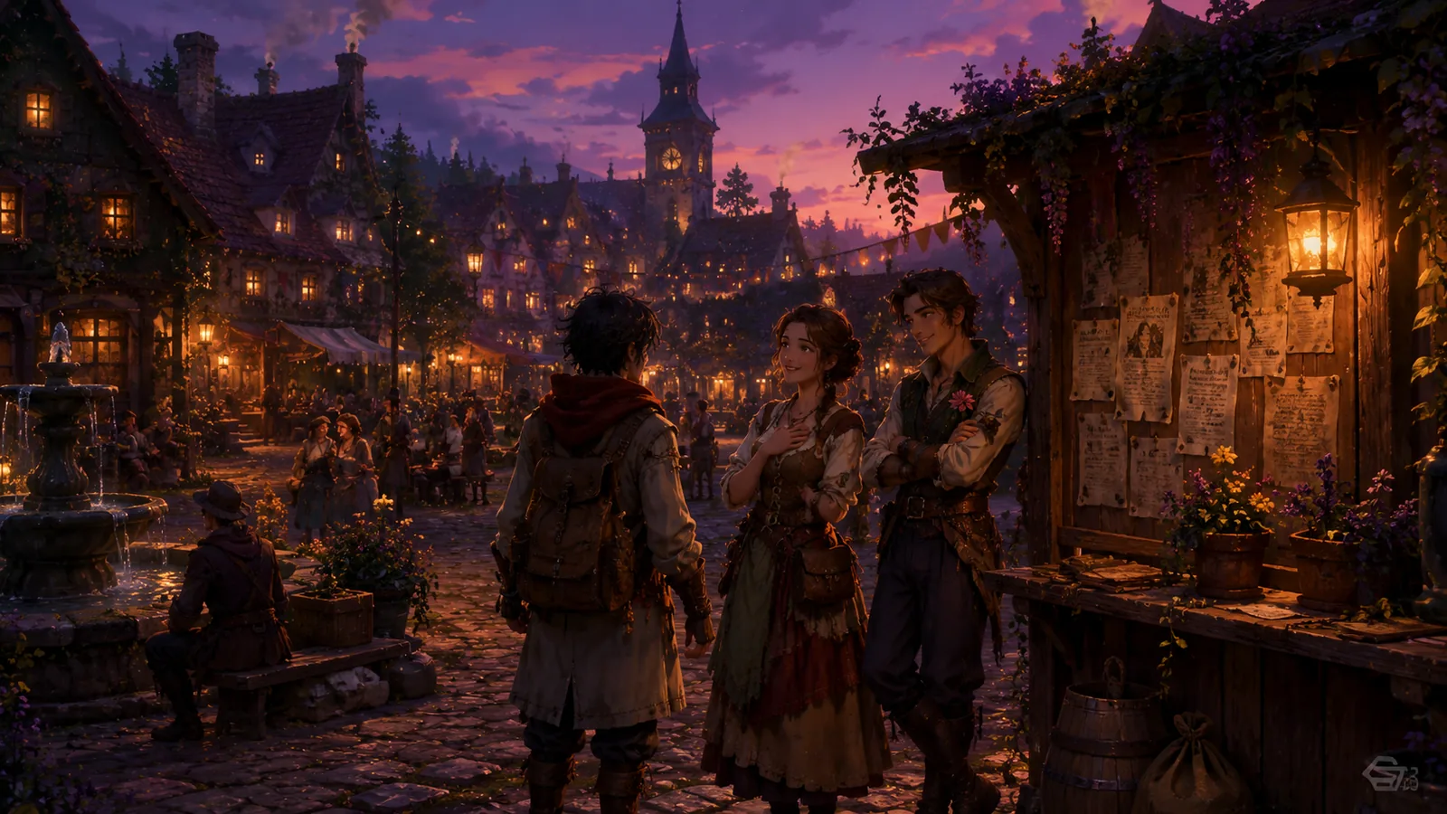 Warm dusk meeting in a village square used as the characters cover