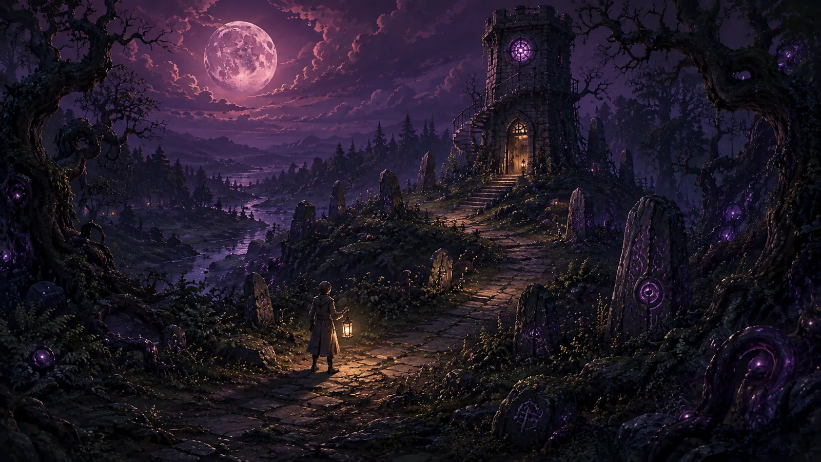 Moonlit path toward a tower used as the gods and rituals cover