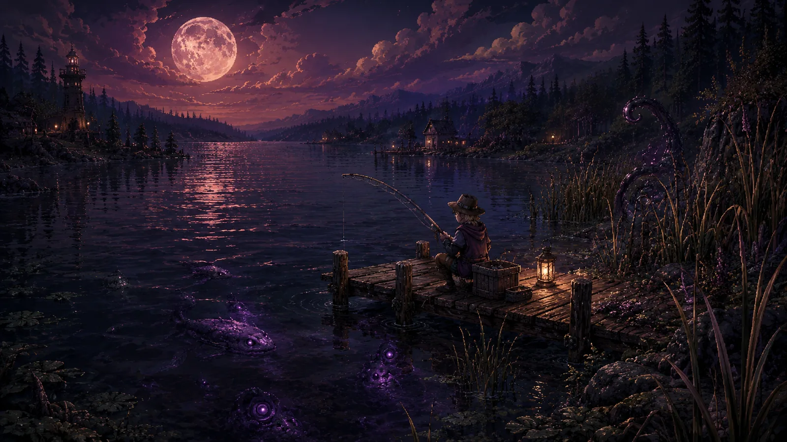 Dusk lakeside village used as the world hub cover for Welcome to Elderfield