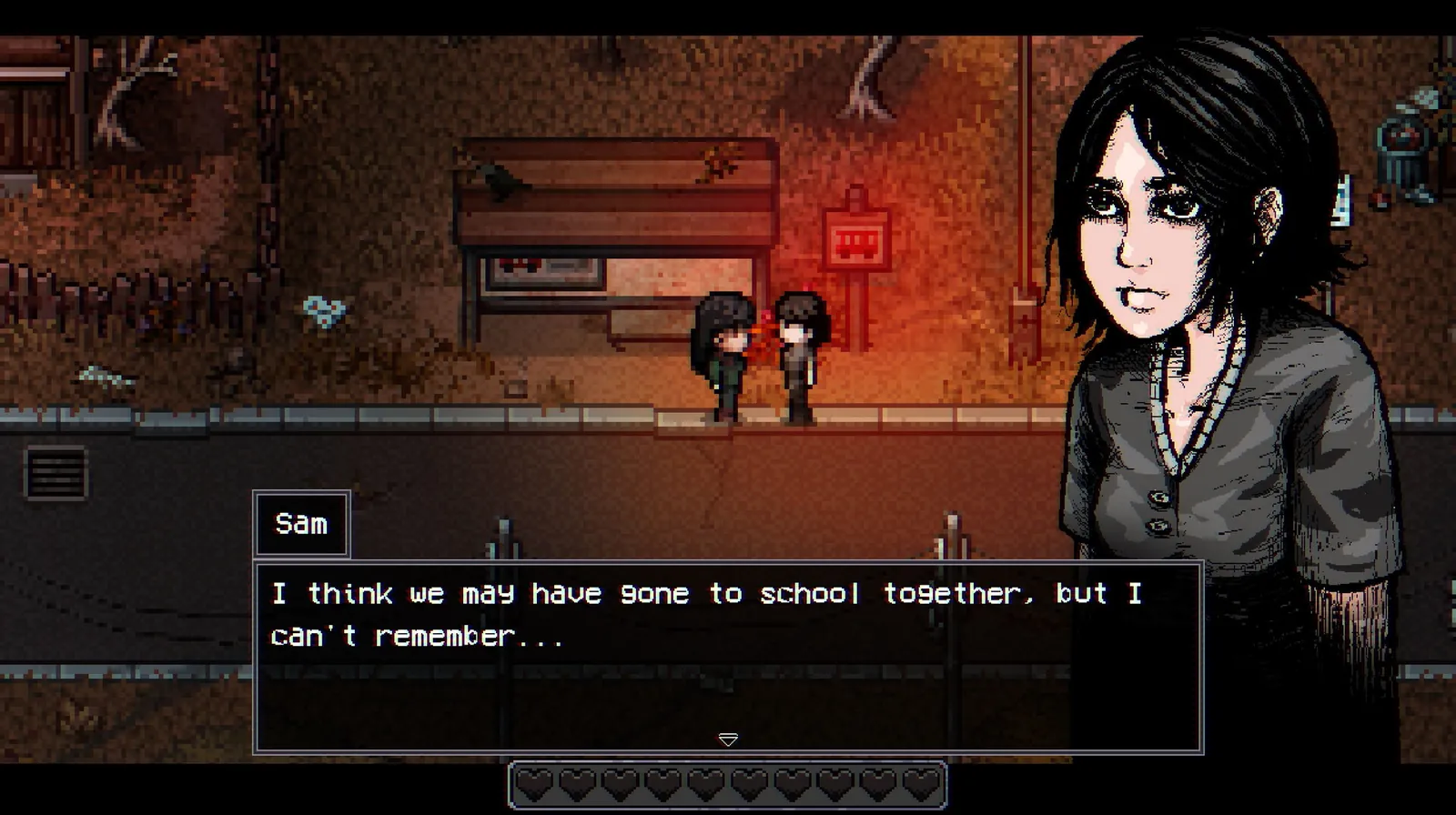 Sam at a dusk bus stop saying she may have gone to school with you — official Steam screenshot