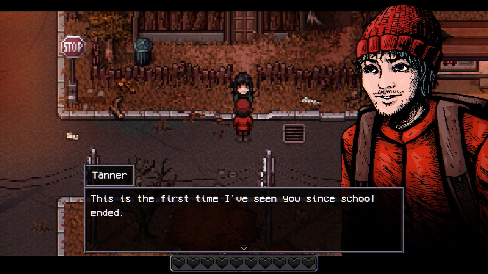Tanner in a red beanie talking on an autumn street beside a STOP sign — official Steam screenshot