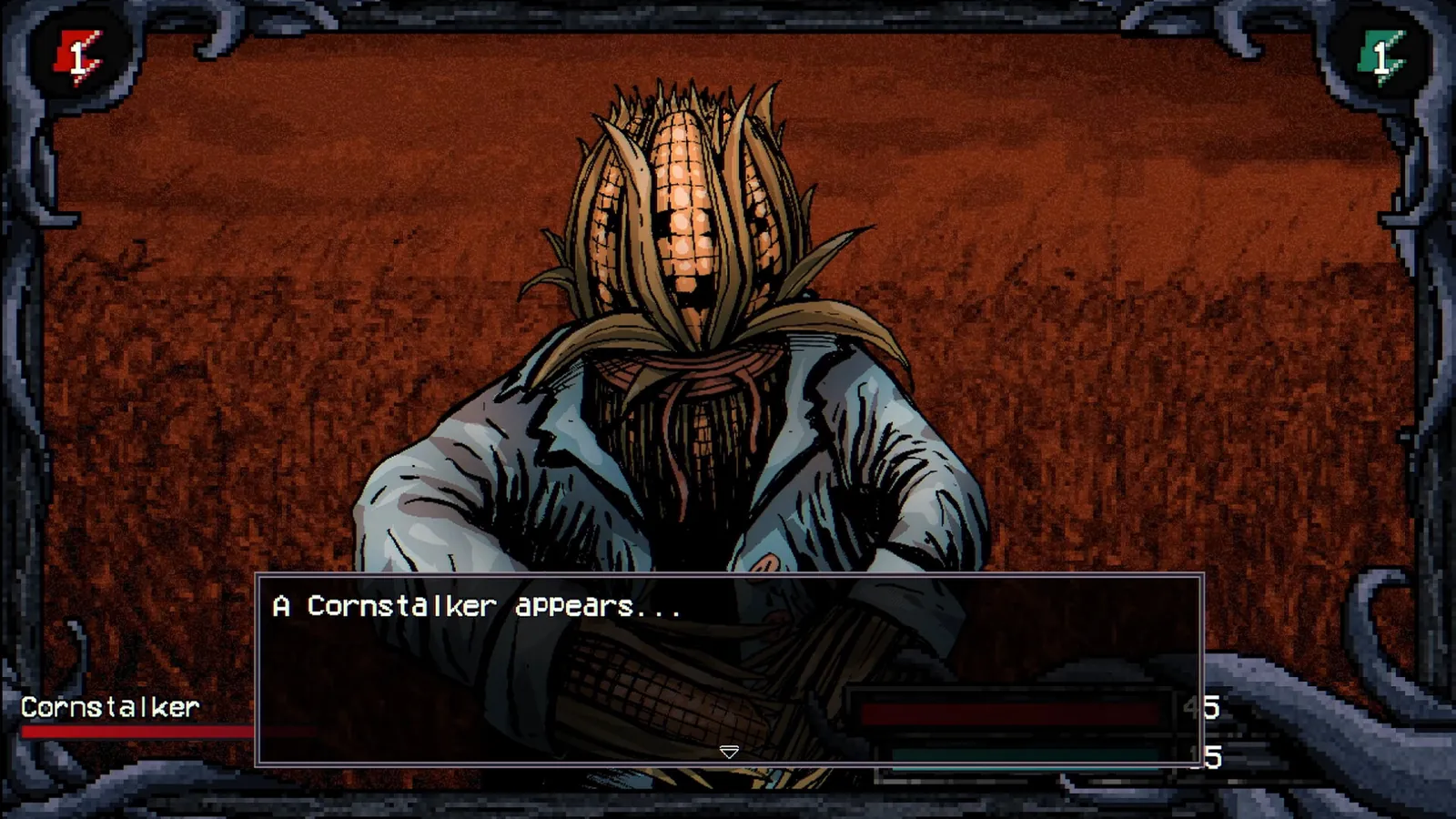 Turn-based intro screen reading A Cornstalker appears, with HP bars — official Steam screenshot