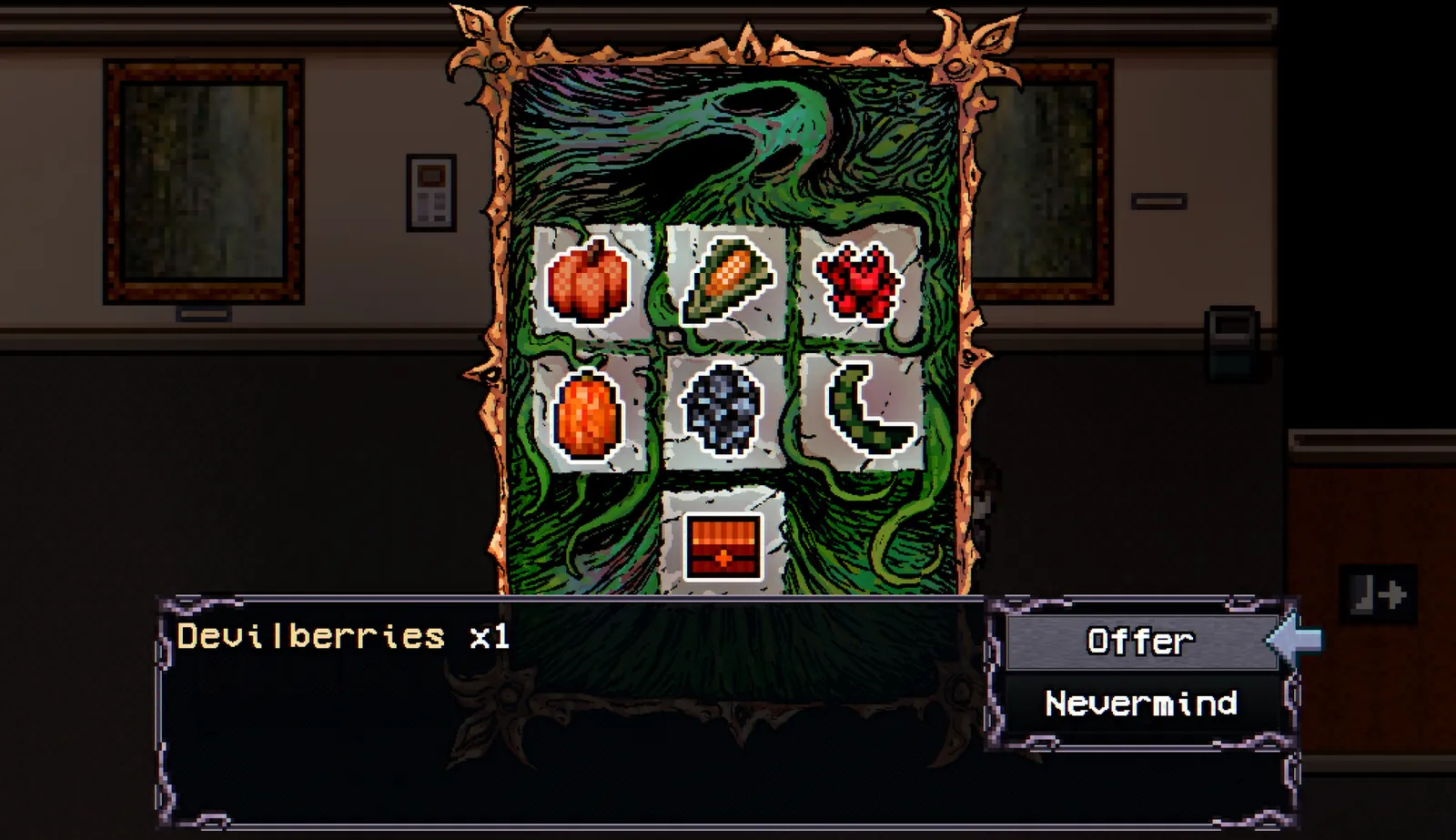 Hallway offering screen with a produce grid and a Devilberries Offer prompt — official Steam screenshot