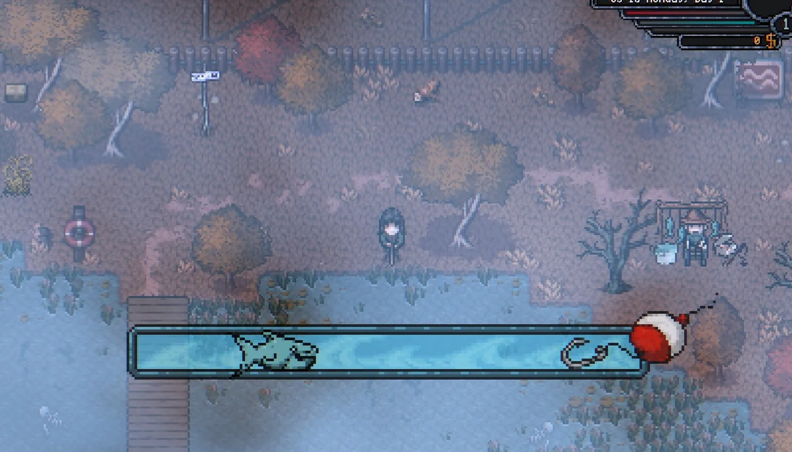 Fishing minigame at a dock with a bobber bar — official Steam screenshot