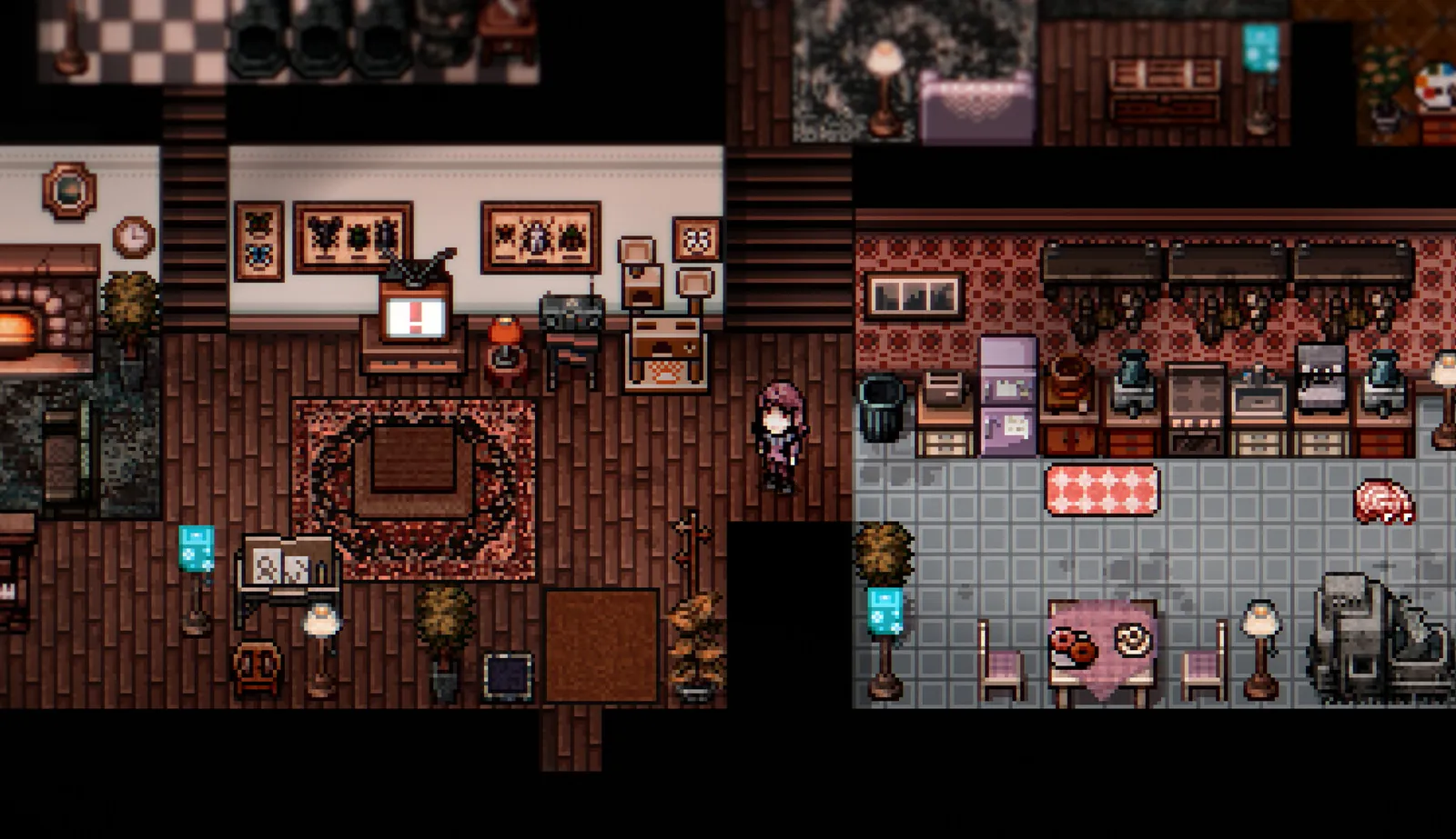 Player home interior with a kitchen, fireplace and hallway — official Steam screenshot