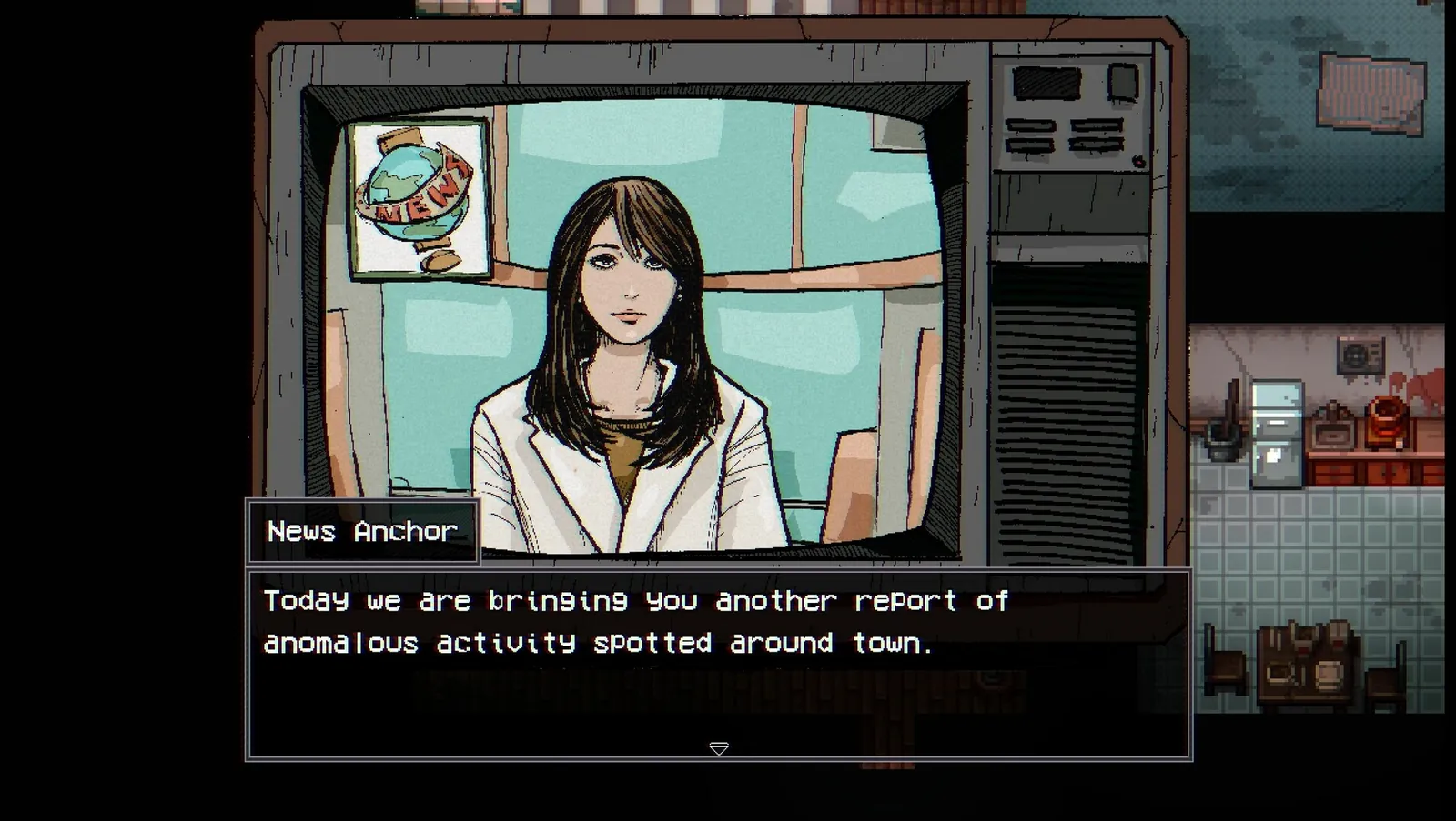 CRT television showing a NEWS broadcast about anomalous activity — official Steam screenshot