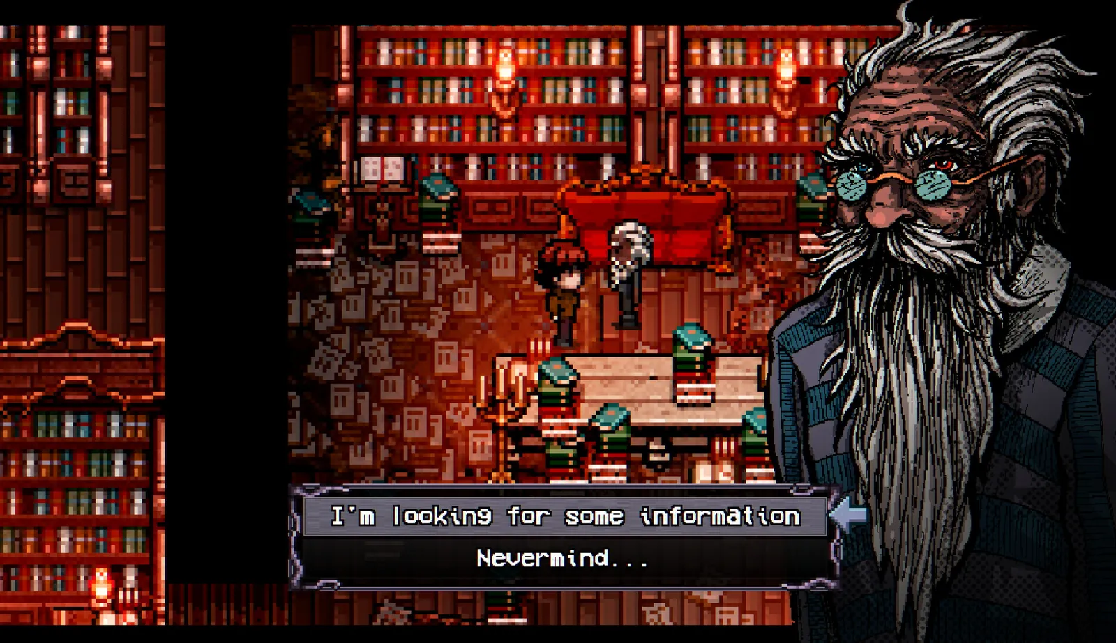 Library study with floor-to-ceiling books and an older bearded resident offering information — official Steam screenshot