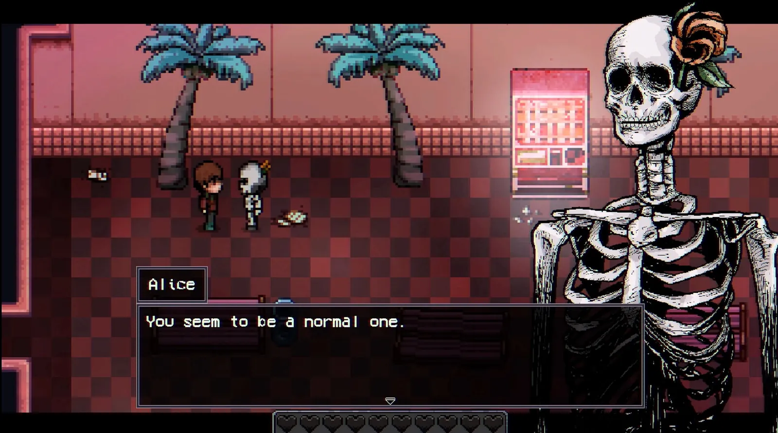 Pink indoor hallway with a checkered floor, palm trees and a skeleton portrait — official Steam screenshot