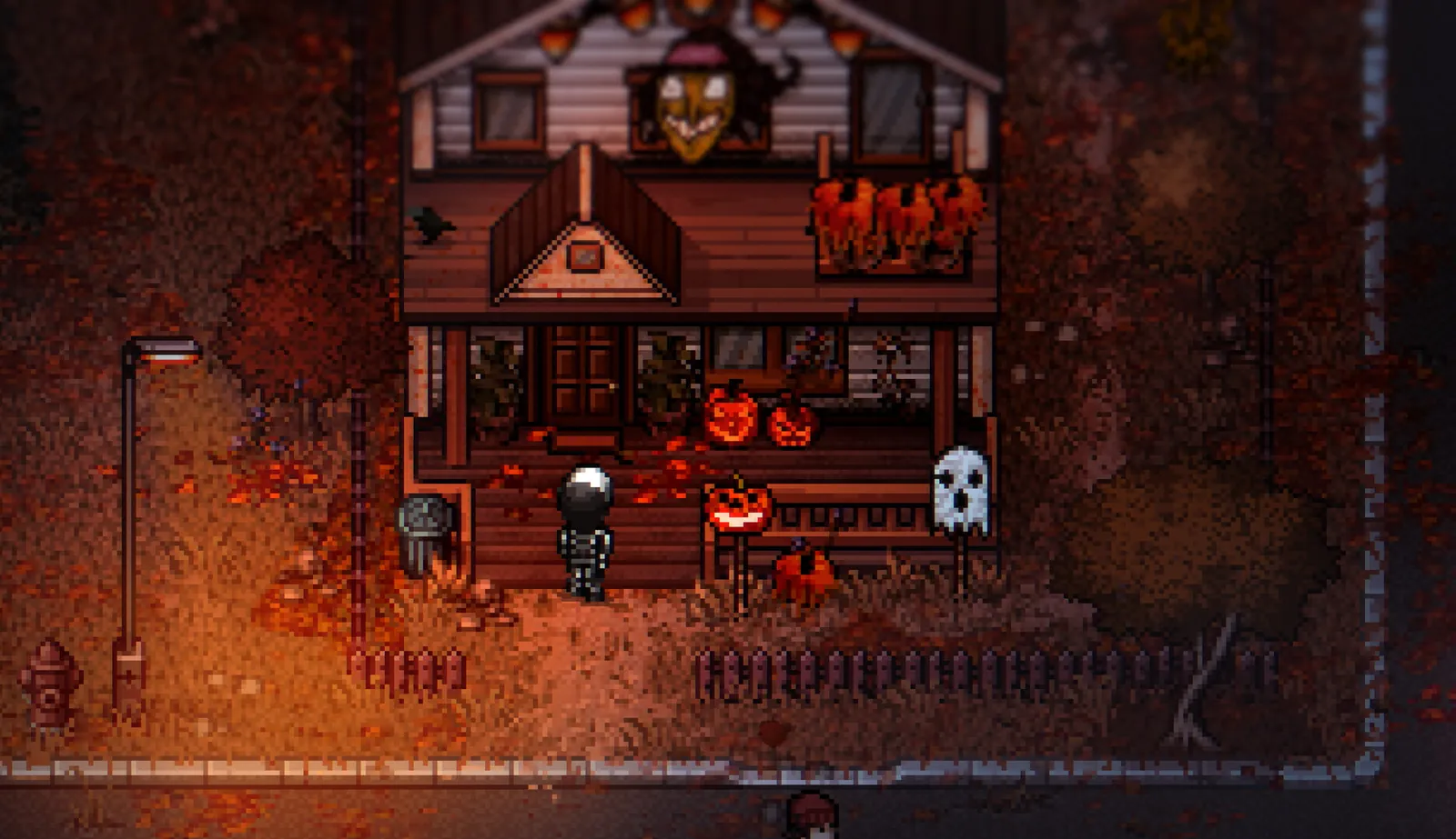 Two-story house with jack-o'-lanterns on a dusk street — official Steam screenshot