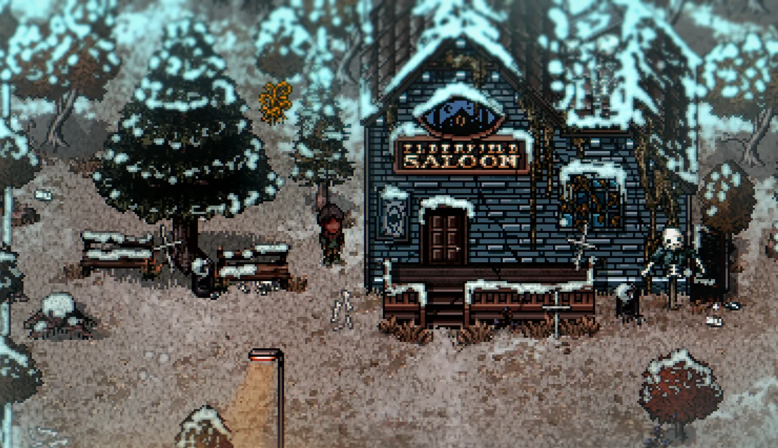Snowy Elderfield Saloon and surrounding pines — official Steam screenshot
