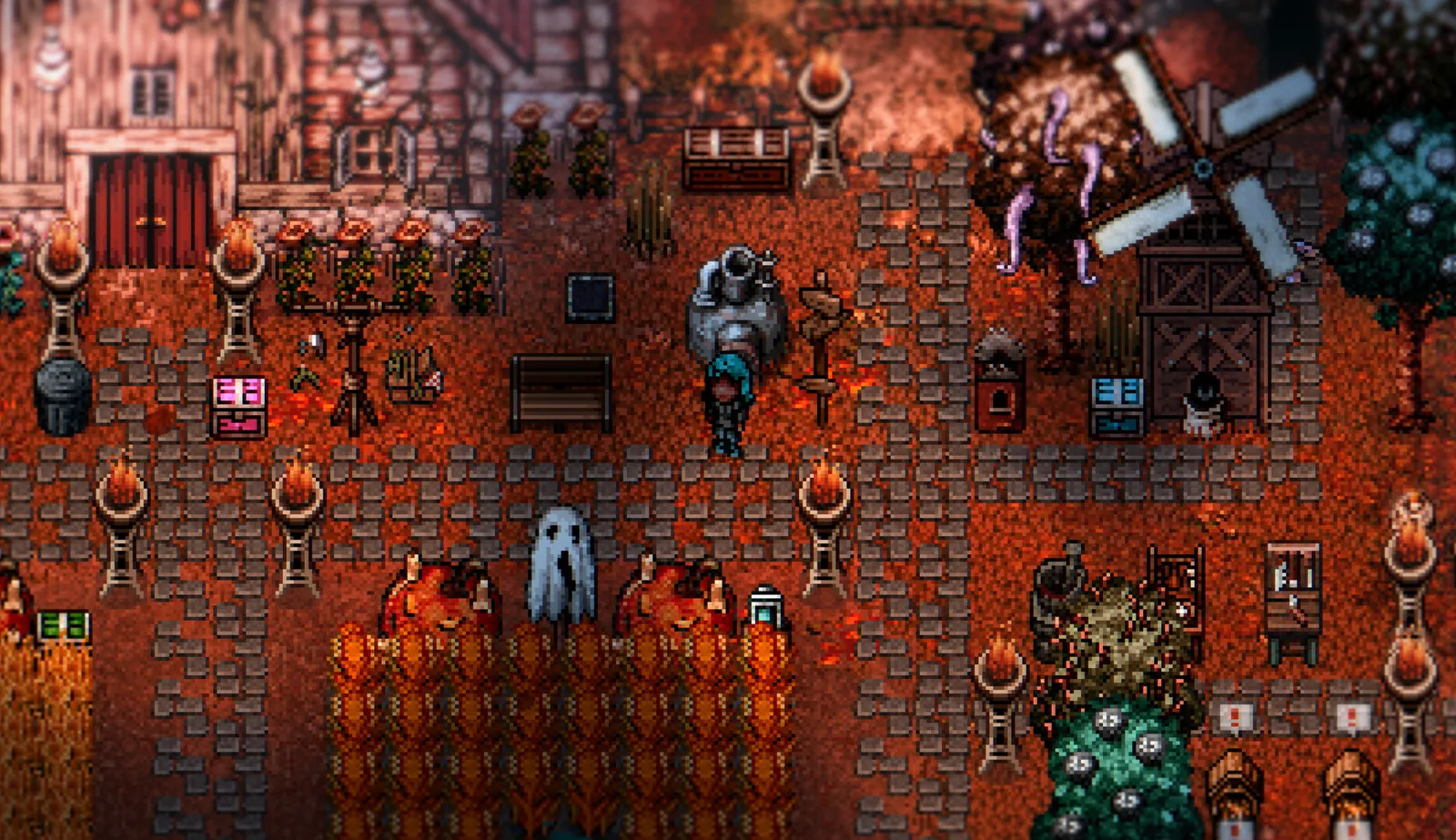 Elderfield town square with a windmill, cobblestone paths and autumn crops — official Steam screenshot