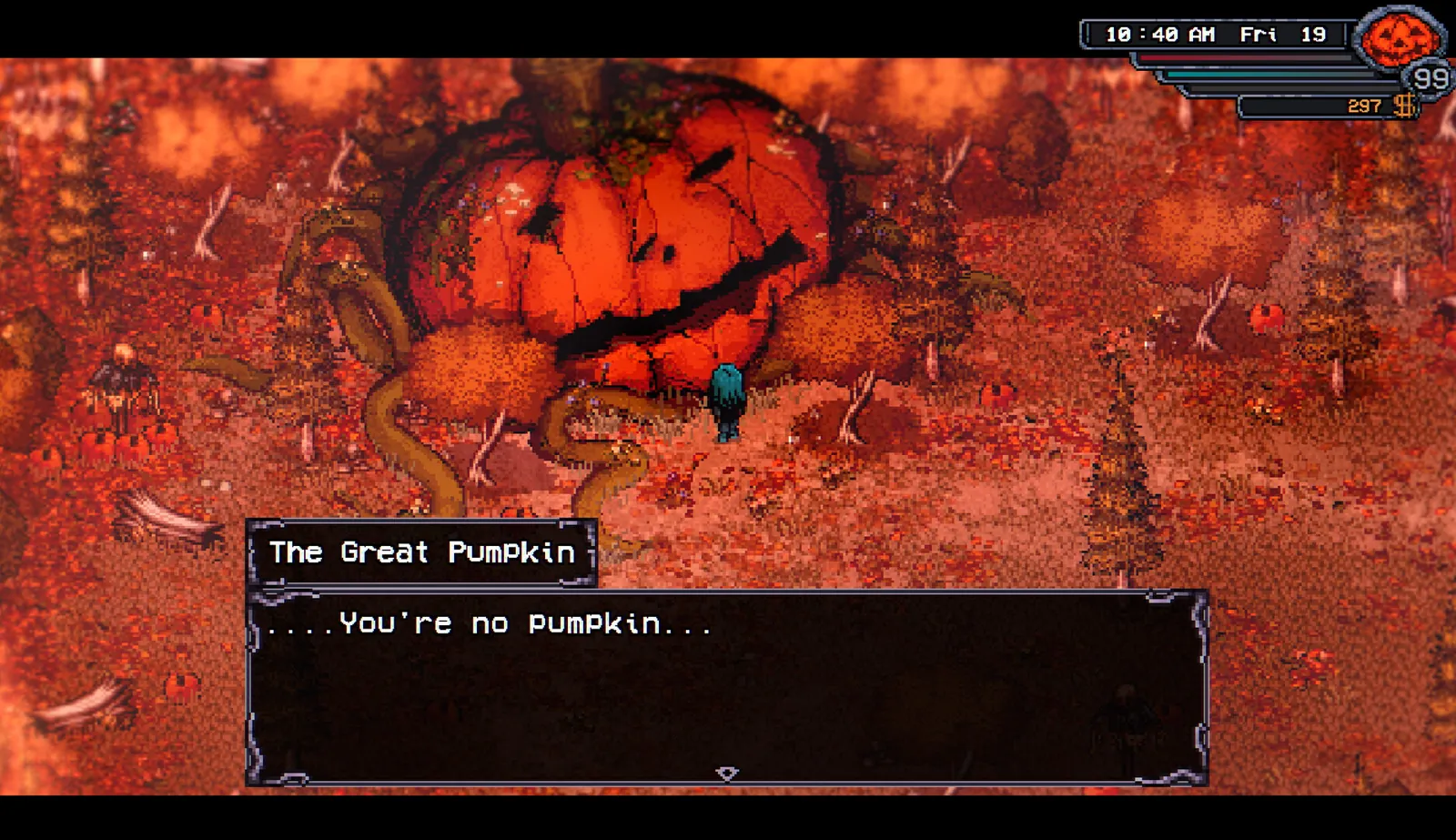 Autumn woods with a colossal vine-covered Great Pumpkin — official Steam screenshot